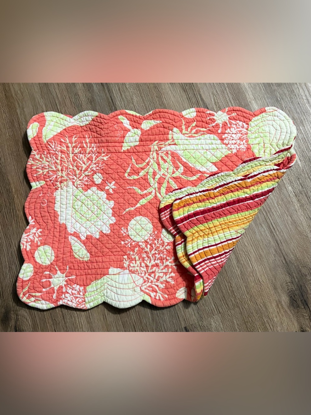 Quilted Striped/Coastal Reversible Placemats - 2 Pc Set - Shades of Coral/Lime - Picture 3 of 6